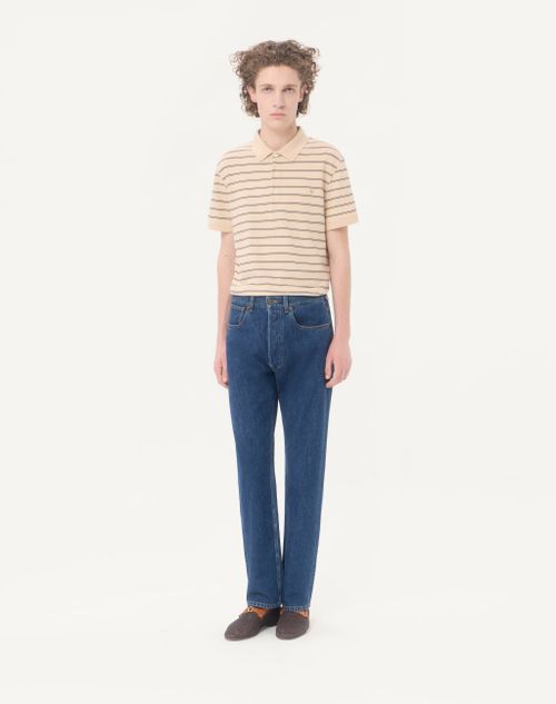 Valentino - Valentino Cotton Pique Polo Shirt With Vgold Stripes - Beige/navy - Man - T-shirts And Sweatshirts
